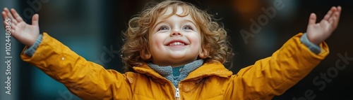 A child beaming with excitement, throwing arms wide, isolated, bright lighting, wide-angle perspective photo