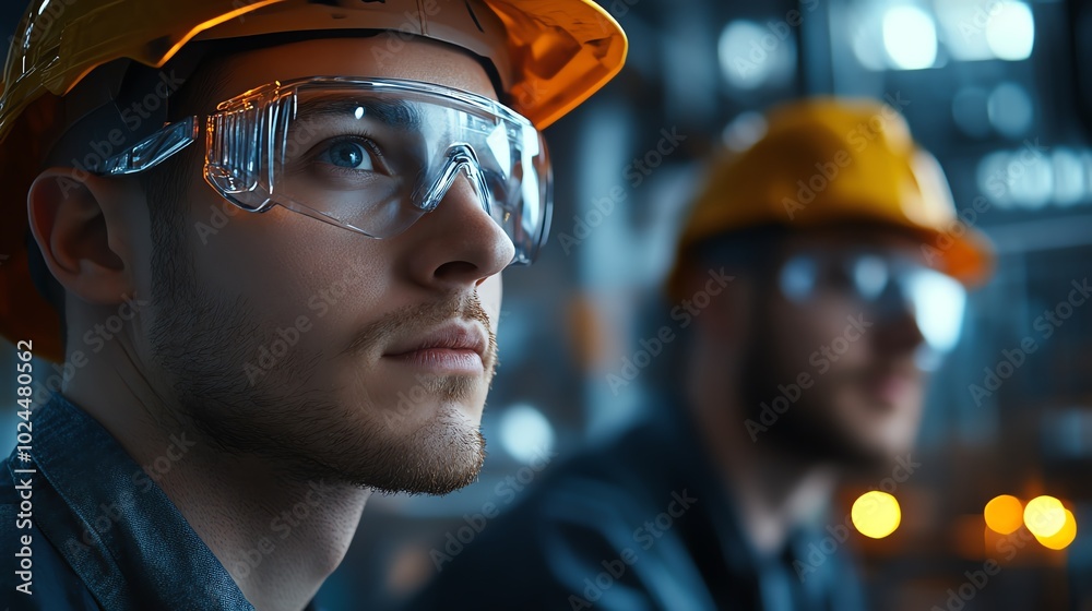 Focused male worker in safety gear, observing workplace environment with determination and professionalism. Focused male worker in safety gear, observing workplace environment with determination and professionalism.