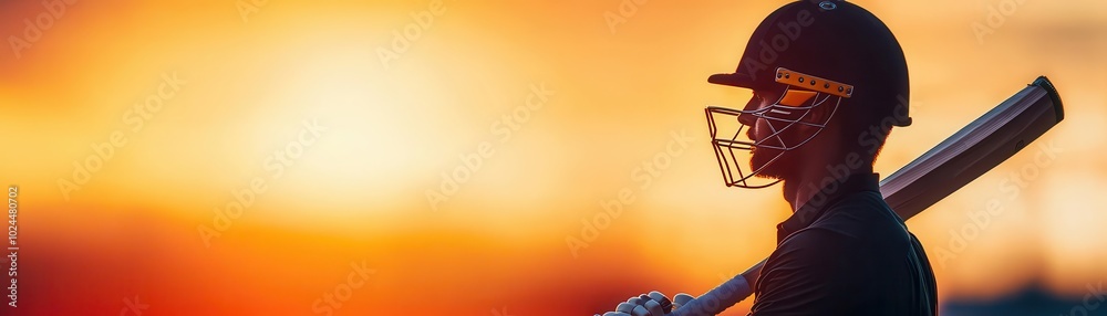 A silhouetted cricketer stands against a vibrant sunset, poised with a bat, capturing the essence of sport and nature's beauty.