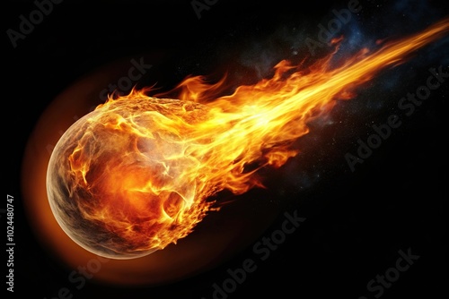 Macro fire comet isolated on black flame ball fireball