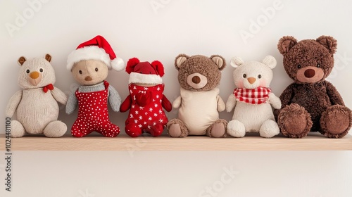 Adorable teddy bears in festive outfits, displayed on a wooden shelf.