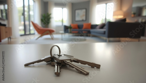 bunch of keys on table against blurred modern room background