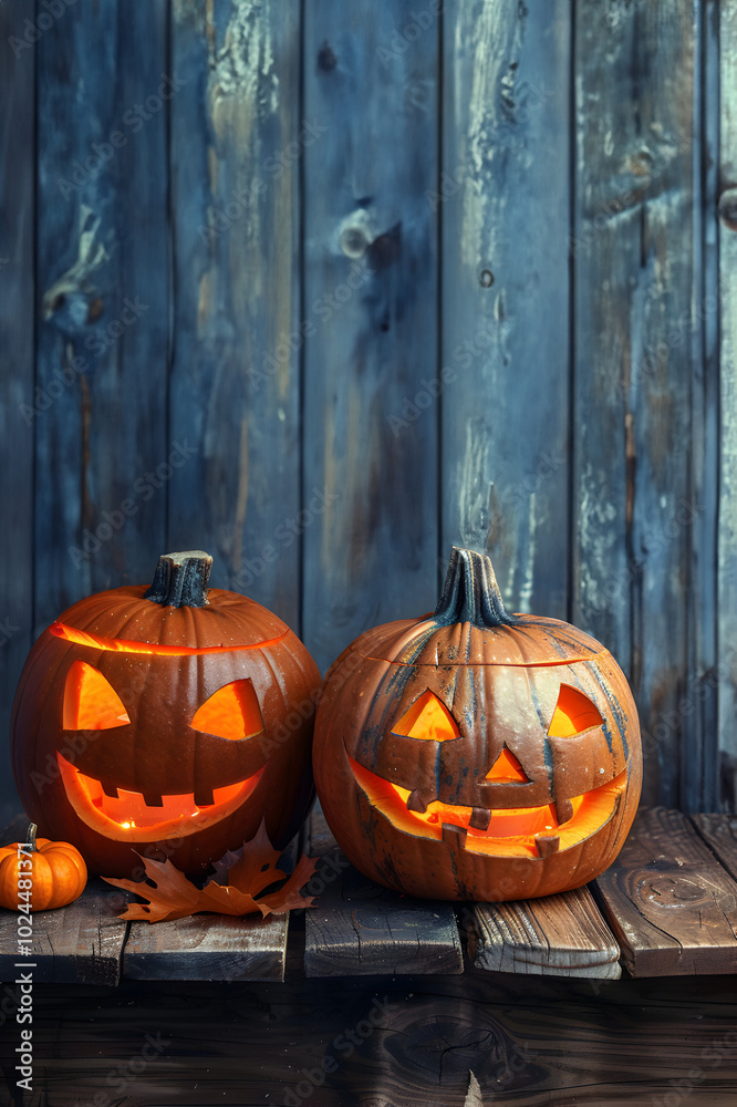 Obraz premium Still life with two shining carved Halloween pumpkins on wooden board surface and background. Concept of Halloween celebration, Trick or Treat and season.