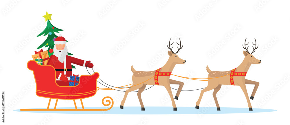 Happy Santa Claus riding on a sleigh with reindeers. Christmas vector illustration. Happy Santa Claus riding on a sleigh with reindeers. Christmas vector illustration.