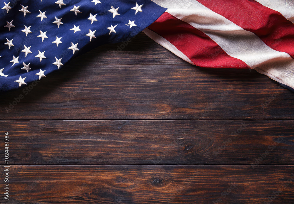 Obraz premium American flag bordering rustic wooden table with copy space