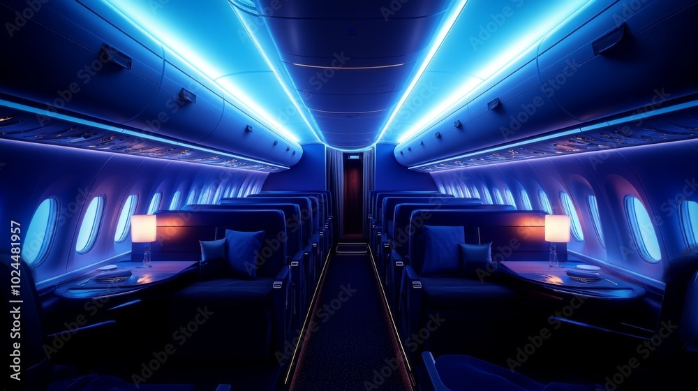 Fototapeta premium Interior View of an Airplane Cabin with Blue Lighting