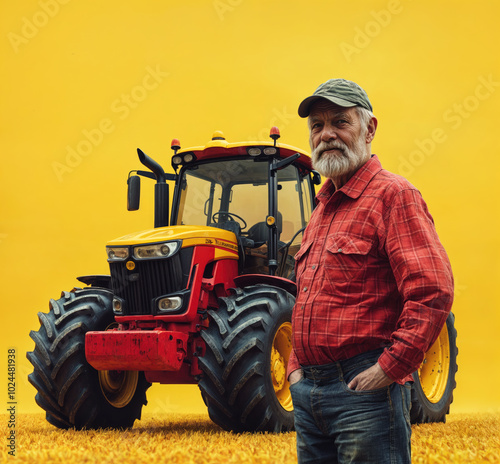 Senior farmer standing in a field by his tractor