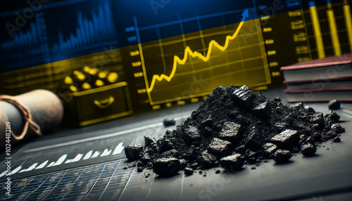 Wallpaper Mural Coal pieces on a table with financial graphs, symbolizing the Ukraine coal industry, energy markets, and the intersection of natural resources and economic growth Torontodigital.ca