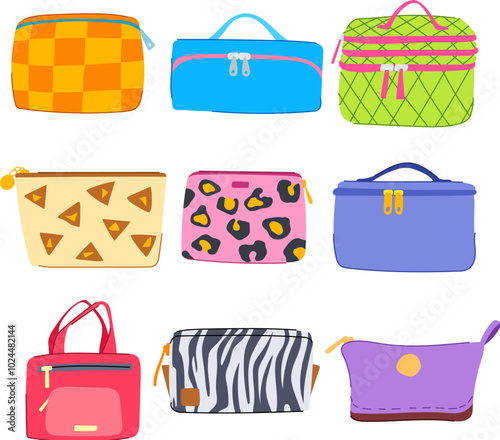 makeup bag set cartoon. compact stylish, zipper pouch, storage durable makeup bag sign. isolated symbol vector illustration
