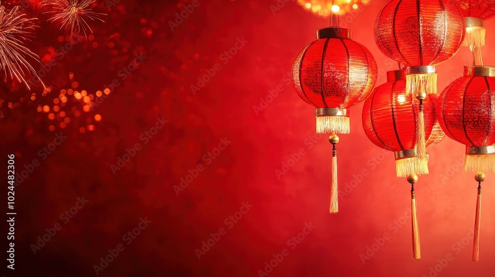 Vibrant Chinese New Year Celebration with Fireworks and Lanterns