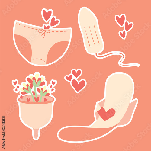 Vector menstruation sticker set, cute period illustration. Tampon, pad, menstrual cup, briefs. Positive hand drawn stickers