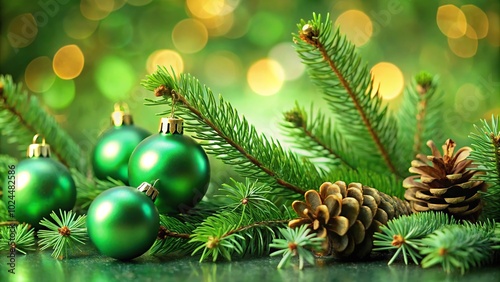 Macro green Christmas elegance pine decor and ornaments on serene green background