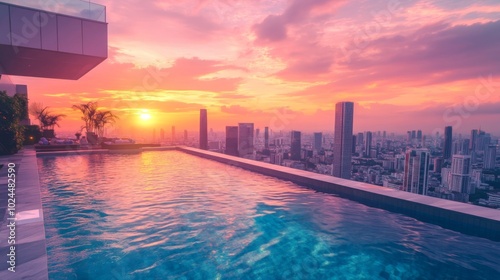 Rooftop Infinity Pool with City Skyline and Sunset