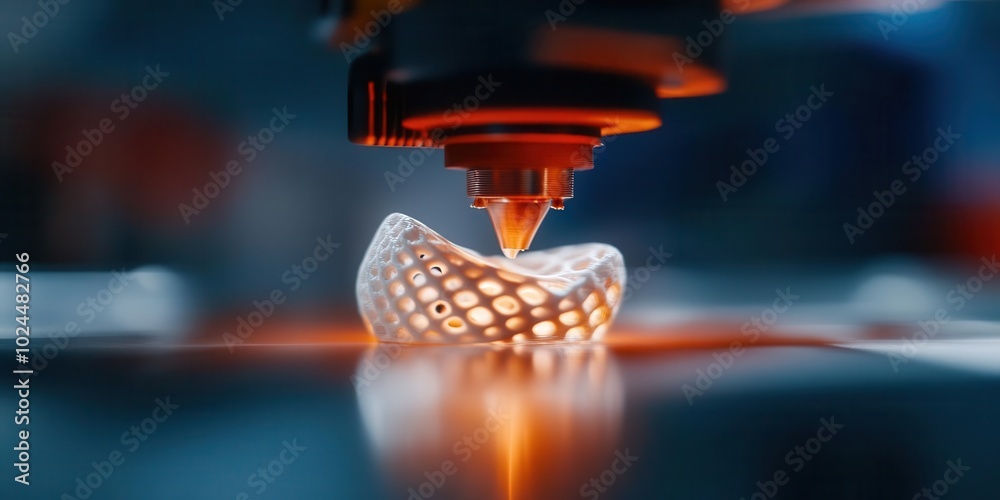 A 3D printer creating a complex part layer by layer, symbolizing additive manufacturing, 3D printing production, technology manufacturing