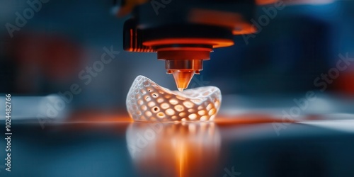 A 3D printer creating a complex part layer by layer, symbolizing additive manufacturing, 3D printing production, technology manufacturing photo