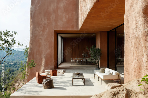 architecture by ai, outdoor lounge of a house carved in red sand rock with terracotta walls, wooden furniture, luxury apartement house, photorealistic photo