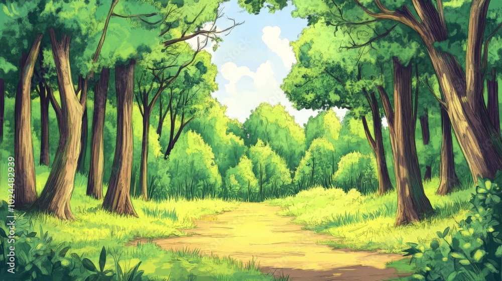 Wallpaper with landscape with picturesque green forest, tall trees, bright flowers. hand-drawn. picture is drawn with colored pencils. Background for postcard or invitation. Backdrop with copy space. Wallpaper with landscape with picturesque green forest, tall trees, bright flowers. hand-drawn. picture is drawn with colored pencils. Background for postcard or invitation. Backdrop with copy space.