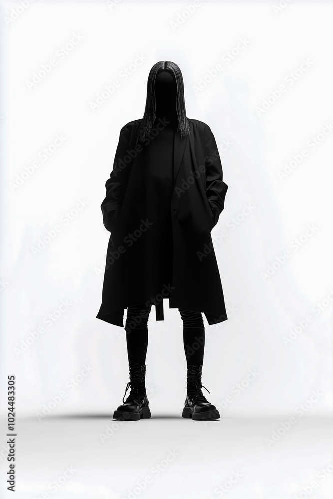 A woman in a black coat stands in front of a white background A woman in a black coat stands in front of a white background