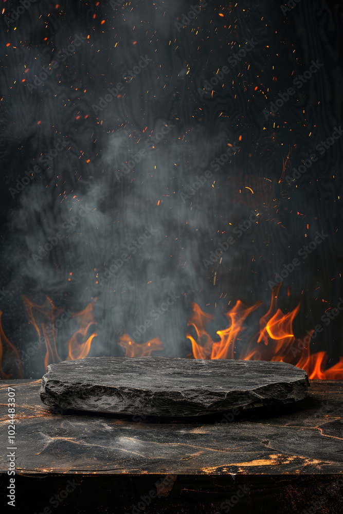 Naklejka premium Empty round slate plate on fire background for product placement