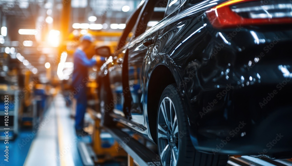 Workers in a car manufacturing plant assembling vehicle parts on an assembly line, automotive assembly process, mass production Workers in a car manufacturing plant assembling vehicle parts on an assembly line, automotive assembly process, mass production