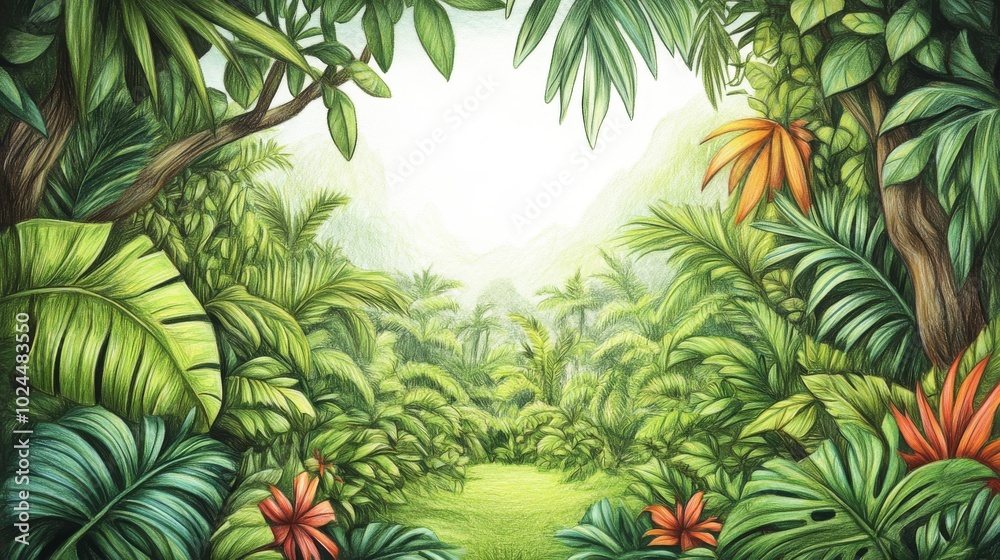 hand-drawn drawing. picture is drawn with colored pencils. Background for postcard or invitation. Backdrop with copy space. Wallpaper with tropical palm and banana leaves on a light background hand-drawn drawing. picture is drawn with colored pencils. Background for postcard or invitation. Backdrop with copy space. Wallpaper with tropical palm and banana leaves on a light background
