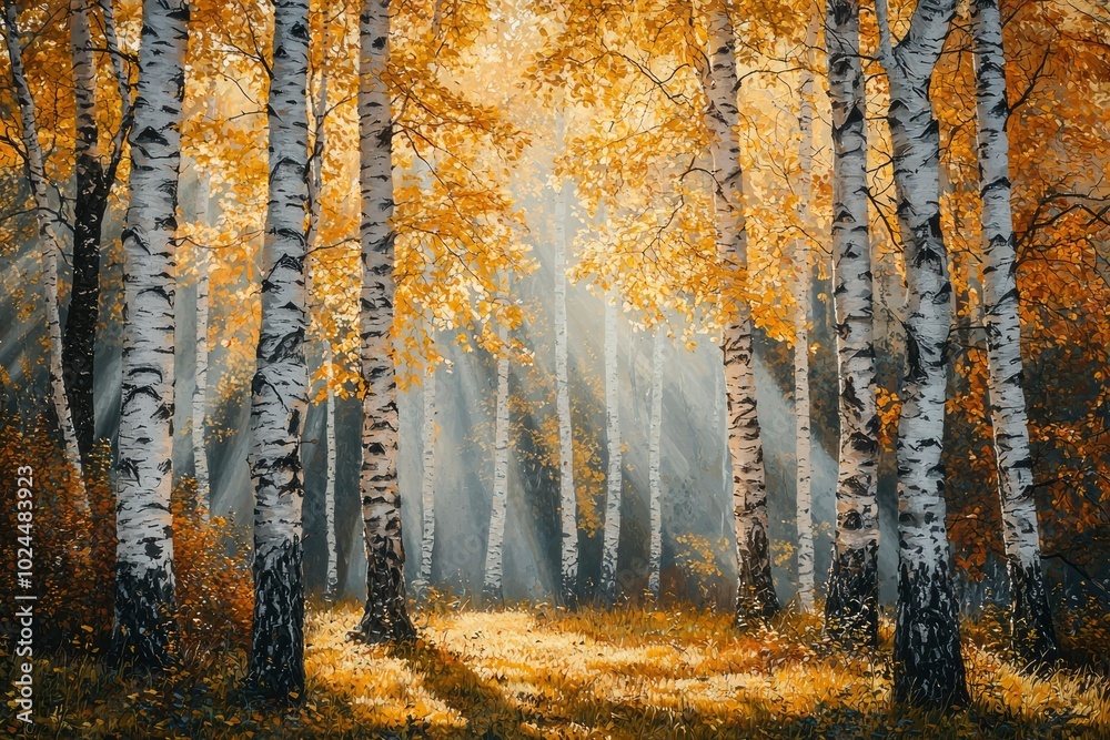 Fototapeta premium Sunbeams Illuminating a Birch Tree Forest in Autumn