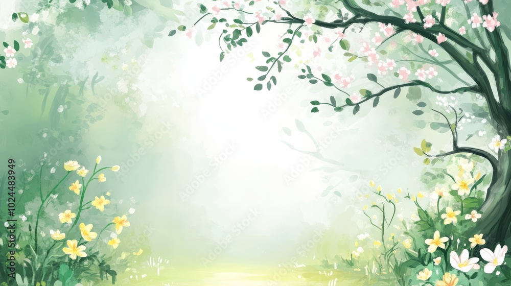 Enchanting springtime vista, a tapestry of flowers and trees in full bloom Enchanting springtime vista, a tapestry of flowers and trees in full bloom