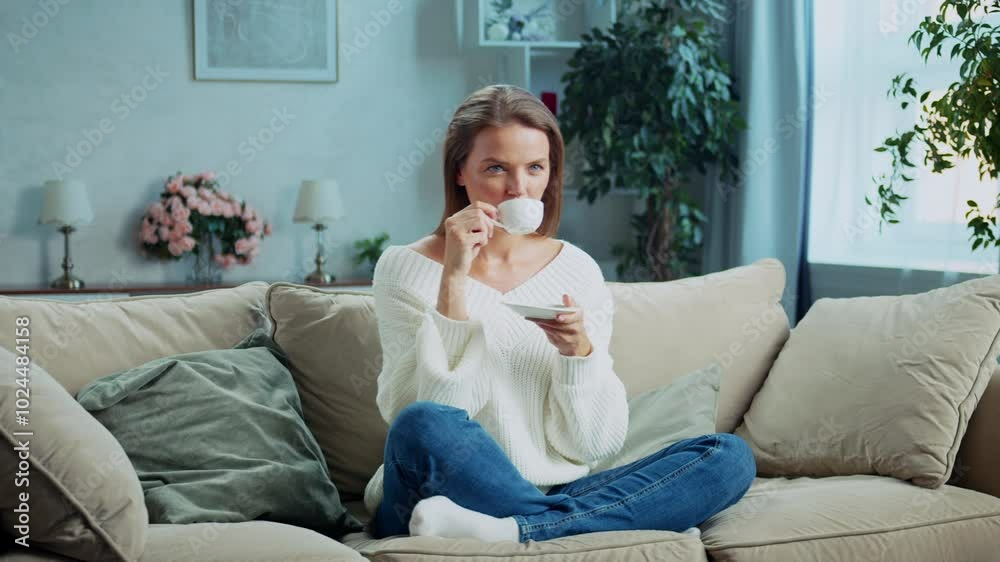 Relaxed woman enjoying the taste and smell of coffee in slow motion. She is sitting on a comfortable sofa in a cozy living room Relaxed woman enjoying the taste and smell of coffee in slow motion. She is sitting on a comfortable sofa in a cozy living room