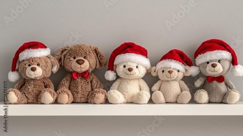 Five plush teddy bears wearing festive red hats on a shelf. photo