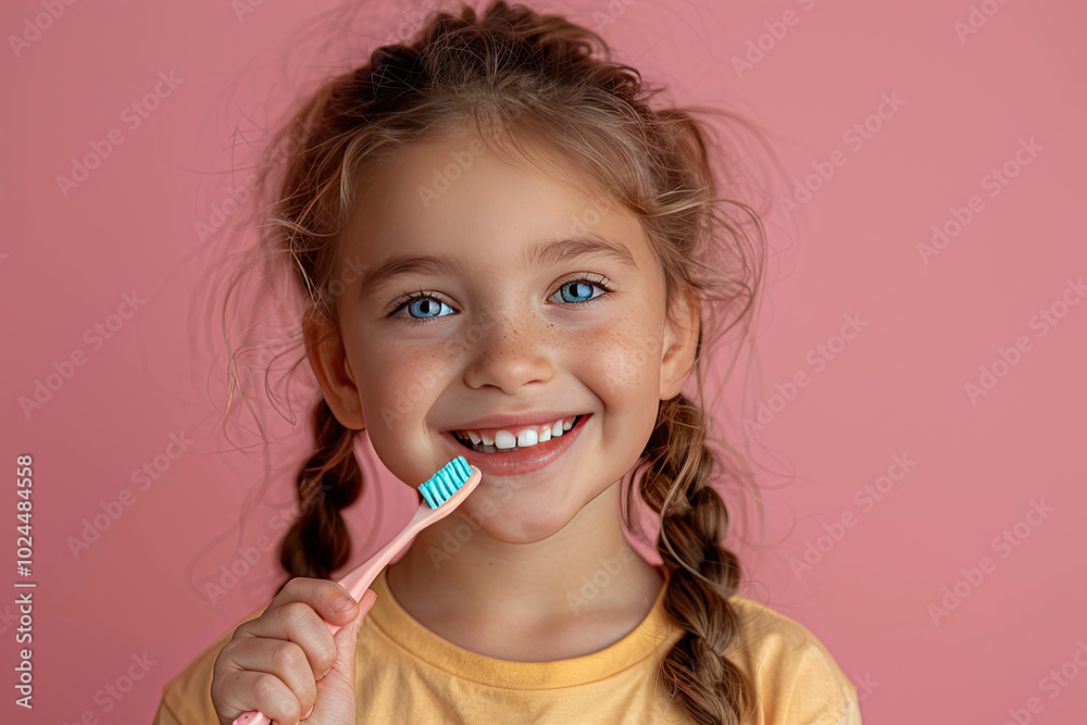 Happy smiling child kid girl brushing teeth with toothbrush on pink background. Health care, dental hygiene. Mockup, copy space Happy smiling child kid girl brushing teeth with toothbrush on pink background. Health care, dental hygiene. Mockup, copy space