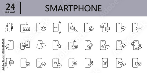 Smartphone line icons set with Telephone, Settings, Search, Message, Charging, Call, Touchscreen and more. Editable Stroke