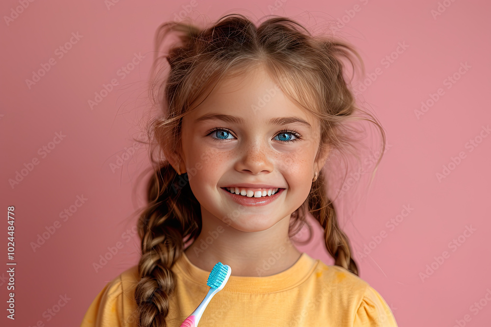 Happy smiling child kid girl brushing teeth with toothbrush on pink background. Health care, dental hygiene. Mockup, copy space Happy smiling child kid girl brushing teeth with toothbrush on pink background. Health care, dental hygiene. Mockup, copy space