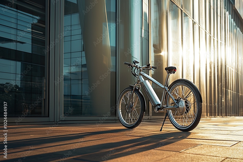 Modern electric bicycle in front of the modern office building. Business and transportation concept Modern electric bicycle in front of the modern office building. Business and transportation concept