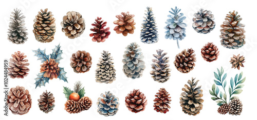 Watercolor Christmas decor fir pine cones trees hand drawn illustrations