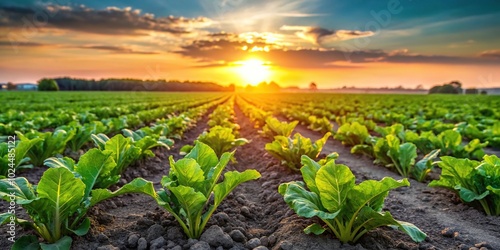 Macro landscape of young green sugar beet leaves in a agricultural field at sunset