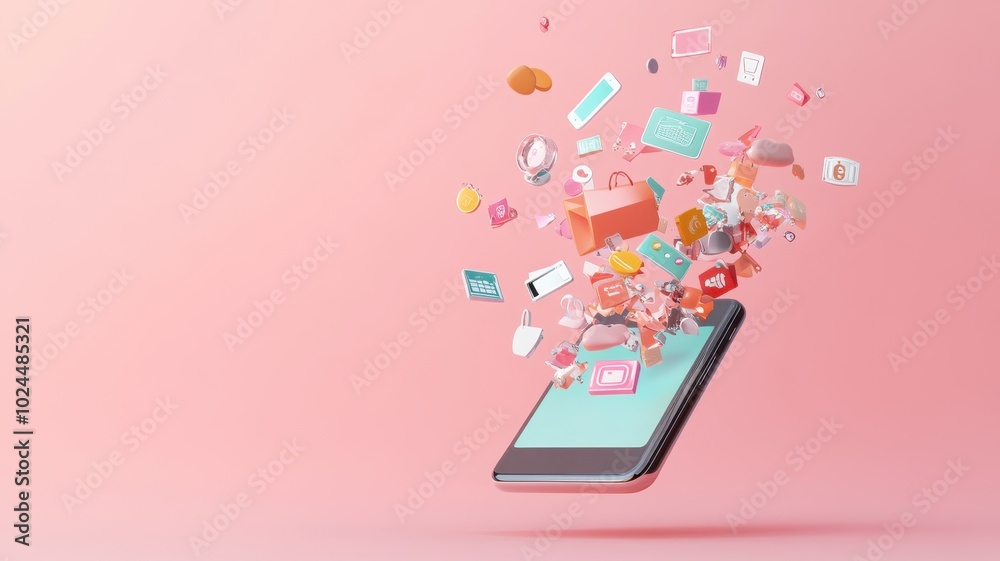 Abstract 3D model of a smartphone with exploding icons of shopping, discounts and digital payment solutions, pastel theme Abstract 3D model of a smartphone with exploding icons of shopping, discounts and digital payment solutions, pastel theme