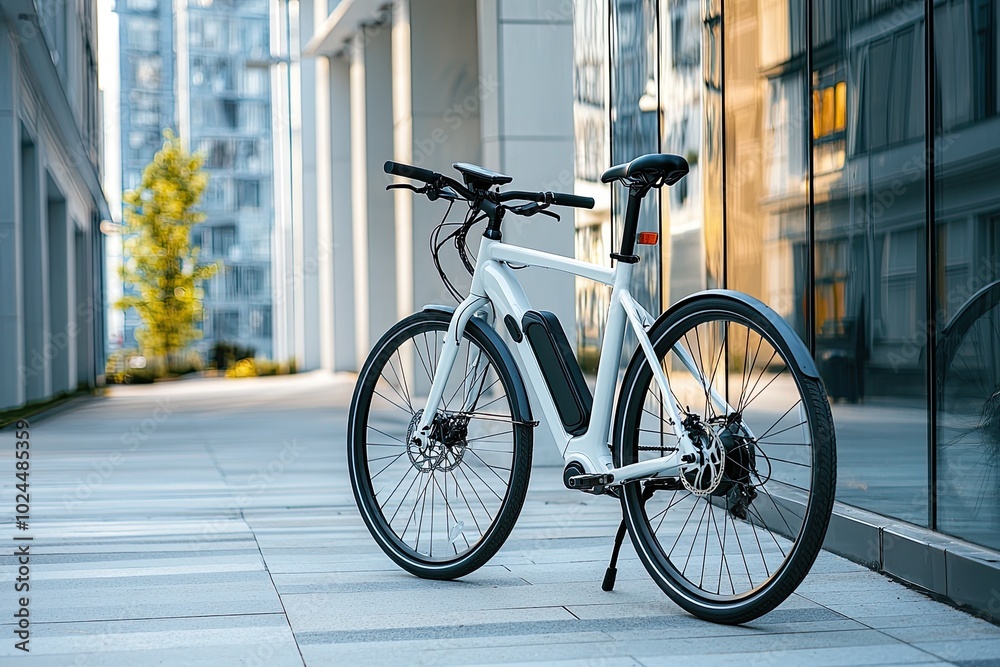 Modern electric bicycle in front of the modern office building. Business and transportation concept Modern electric bicycle in front of the modern office building. Business and transportation concept