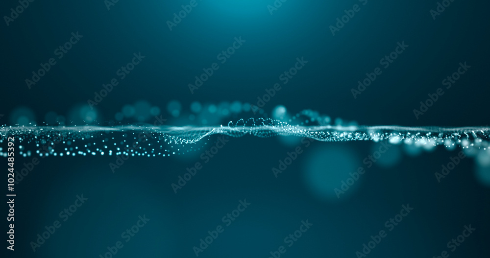 Abstract glowing digital particle wave on blue light futuristic background.