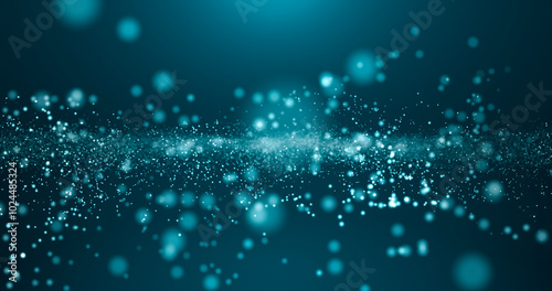Abstract blue particles with wave energy on light background.