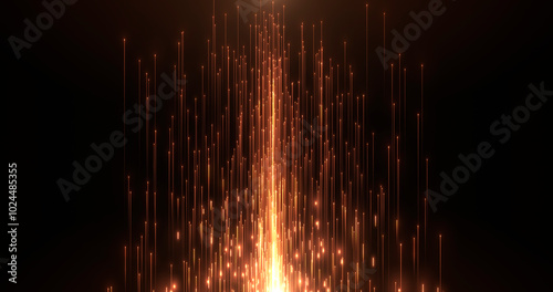 Abstract golden background with bright neon rays and glowing lines going up. orange neon lines or light stripes. Speed ​​of light.