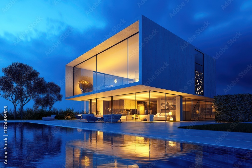 A stunning ultra-modern villa with sharp, angular lines and large glass walls, illuminated against A stunning ultra-modern villa with sharp, angular lines and large glass walls, illuminated against