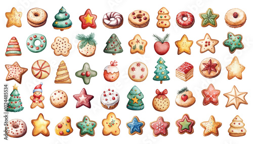 Watercolor christmas set of gingerbread cookies, candy canes, gingerbread man, christmas tree, gingerbread man, lollipop, gingerbread man, snowman, candy cane, fir tree, star