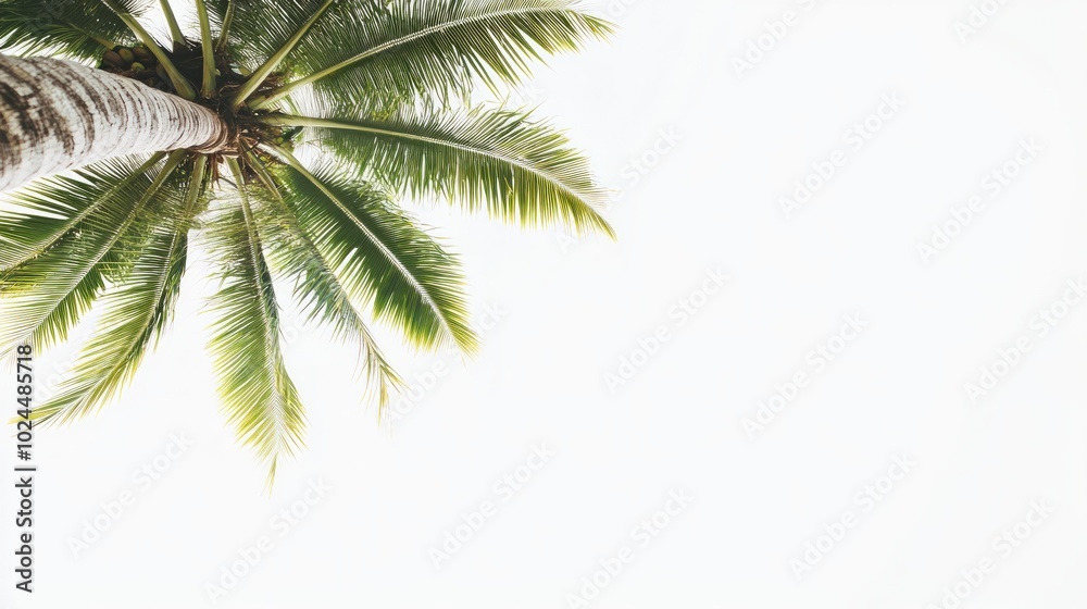 Low angle view of palm tree fronds against a white sky. Low angle view of palm tree fronds against a white sky.