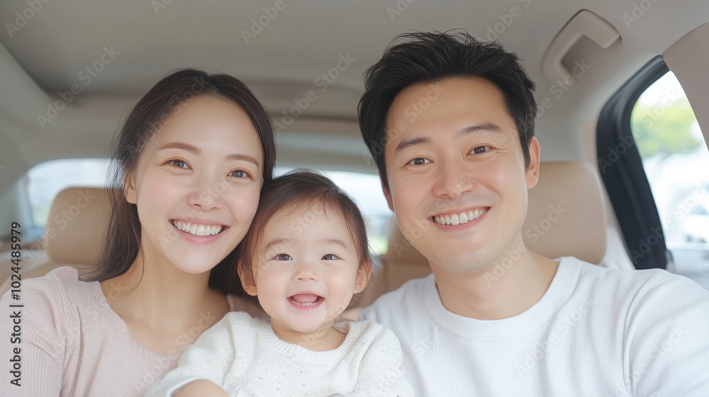 happy family of three smiling in a car happy family of three smiling in a car