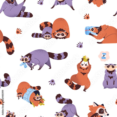 Repeatable pattern of cute raccoons. Naughty racoons have fun in trash, waste bin. Funny forest animals play with jar. Amusing wildlife on endless background. Flat seamless vector illustration