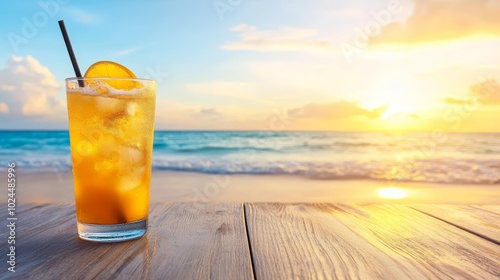 A refreshing start, vibrant orange juice in glass on rustic wooden table