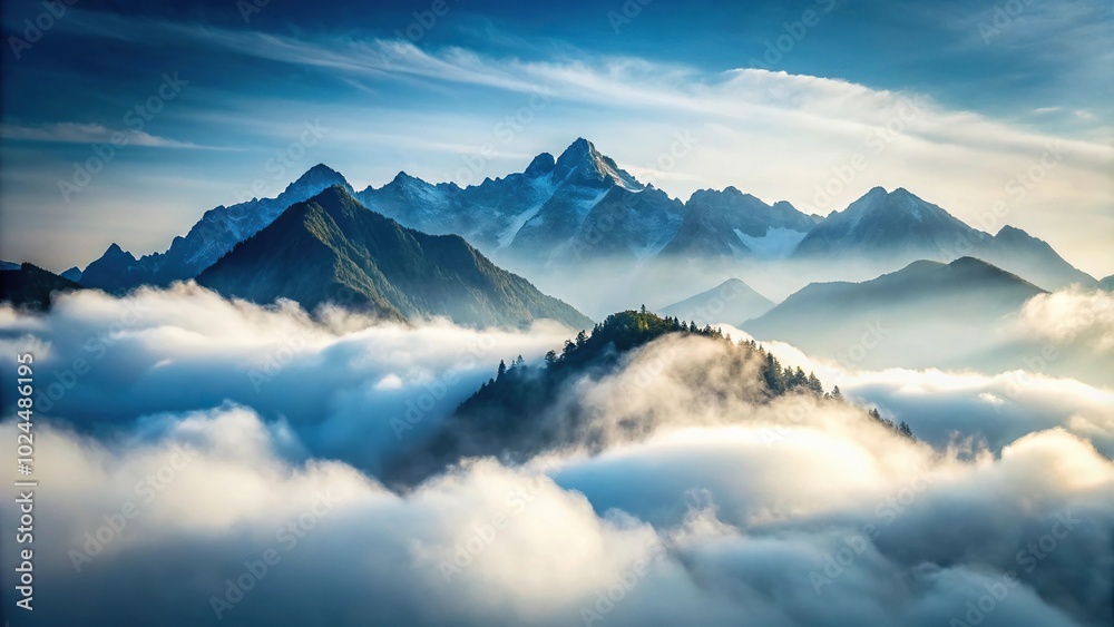 Macro misty mountain range covered with white mist Macro misty mountain range covered with white mist