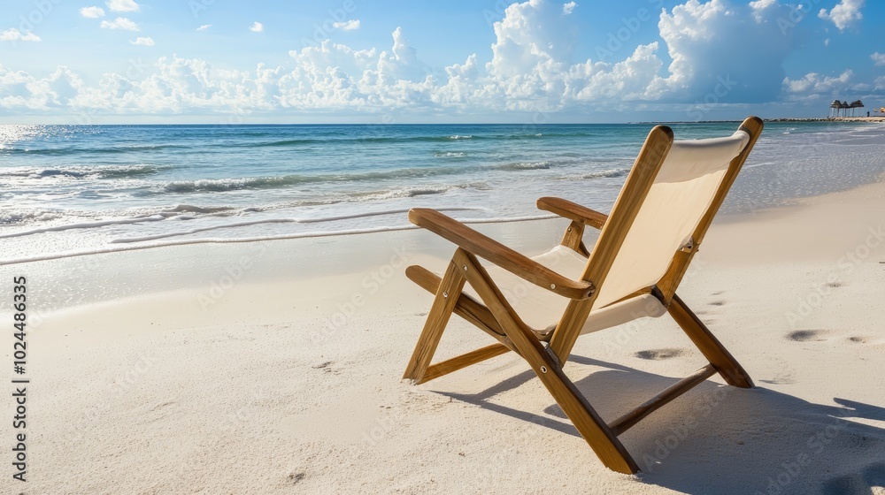 Solitude by the sea, a wooden chair rests on the beach, offering breathtaking ocean views Solitude by the sea, a wooden chair rests on the beach, offering breathtaking ocean views