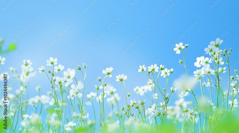 A breathtaking vista, white flowers in full bloom under cerulean sky A breathtaking vista, white flowers in full bloom under cerulean sky