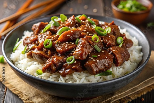 Macro Mongolian beef dish on rice